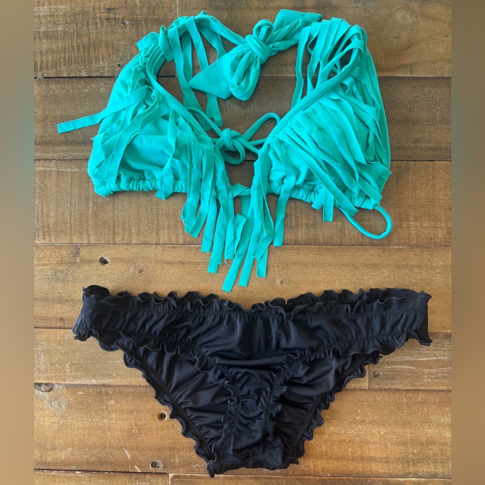 Turquoise Fringe Bikini Top and Black Ruffled Bottom